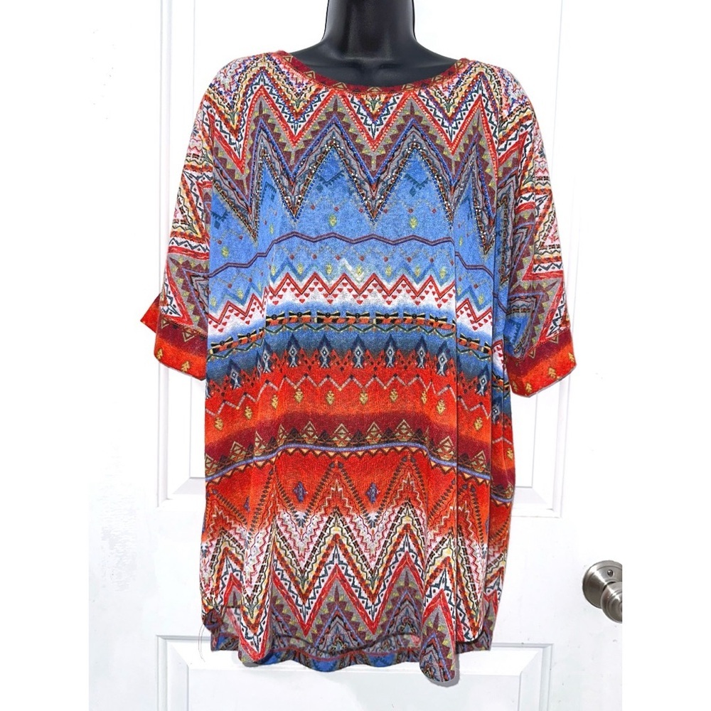 Multiples Short Sleeve Top w/ striking geometric pattern